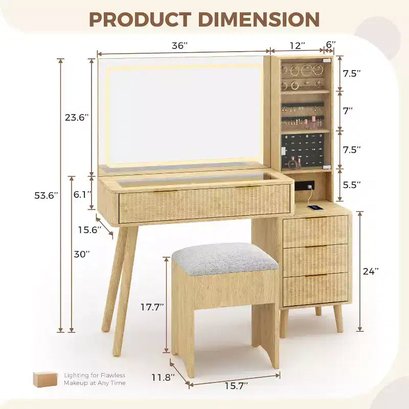 Coiffeuse de maquillage cannelée de 48 pouces avec grand miroir et lumières, coiffeuse de maquillage moderne avec station de charge et tabouret de rangement rembourré pour la maison