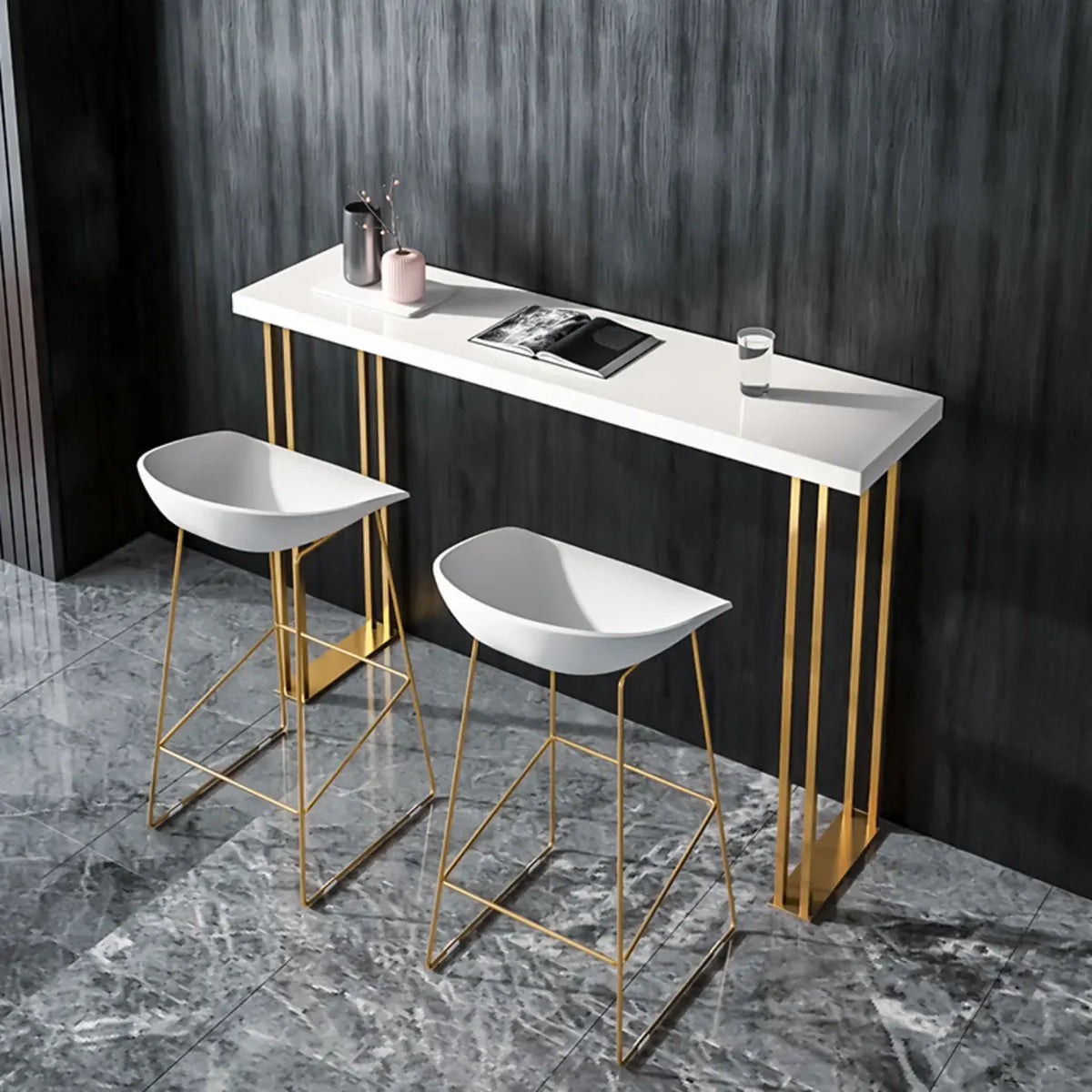 Table de bar rectangulaire de luxe en bois avec base luge dorée pour salle à manger