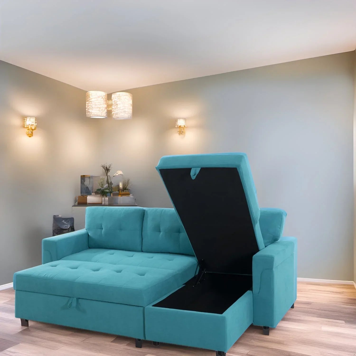 Canapé d'angle réversible convertible avec lit gigogne, méridienne de rangement et pieds durables