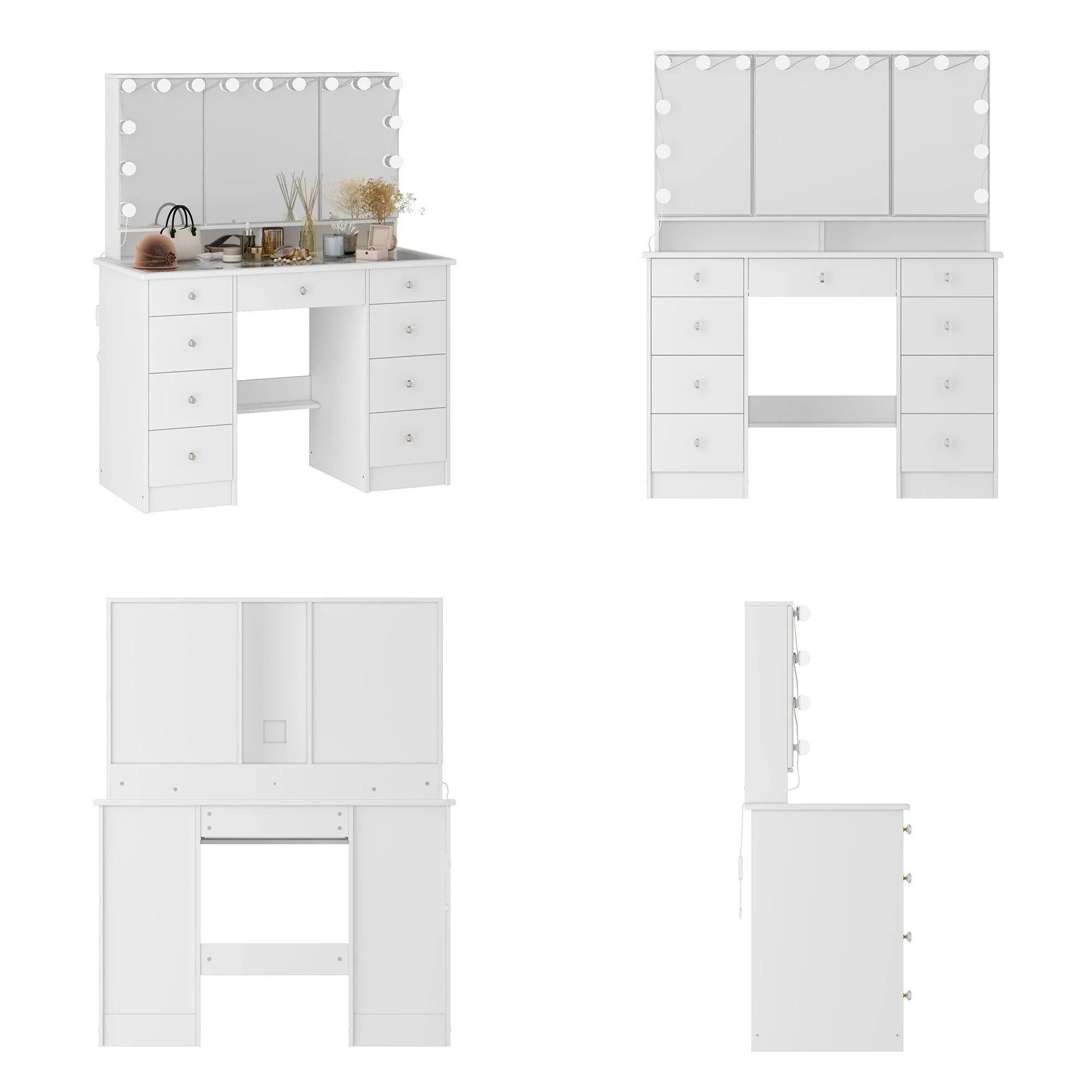Coiffeuse avec miroir triptyque éclairage certifié et plateau en verre