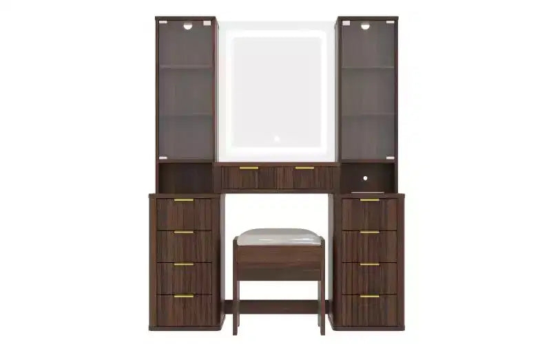 Ensemble de vanité moderne JVNOXK de 43,5 pouces avec miroir et lumière, doté de tiroirs et d'une armoire en verre transparent, inclut un tabouret et une station de recharge, marron