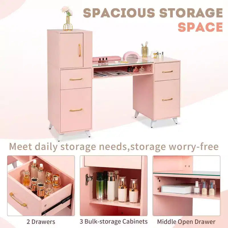 Bureau de manucure moderne noir/rose avec plateau en verre et repose-poignet, poste unique