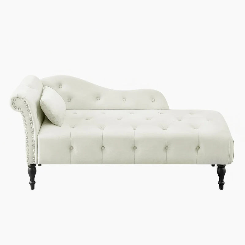 Chaise longue moderne de 154 cm avec revêtement en velours, boutons capitonnés, pieds en bois massif et clous de tapissier