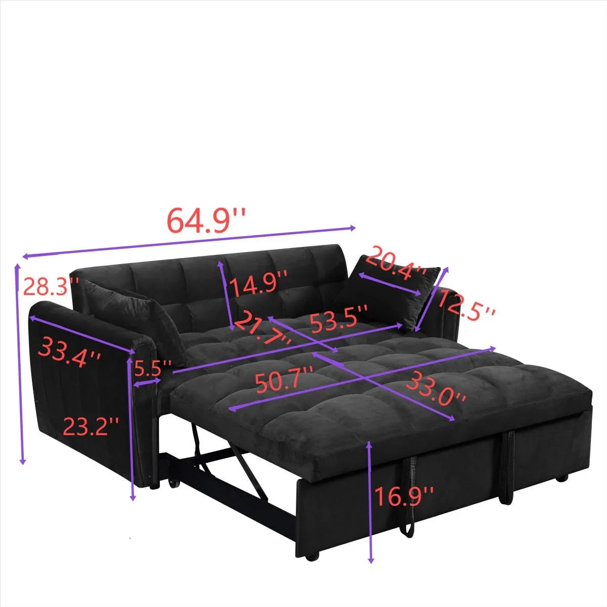 64,96 Canapé-lit convertible 3-en-1 en velours avec dossier réglable, poche de rangement et capacité de poids de 227 kg