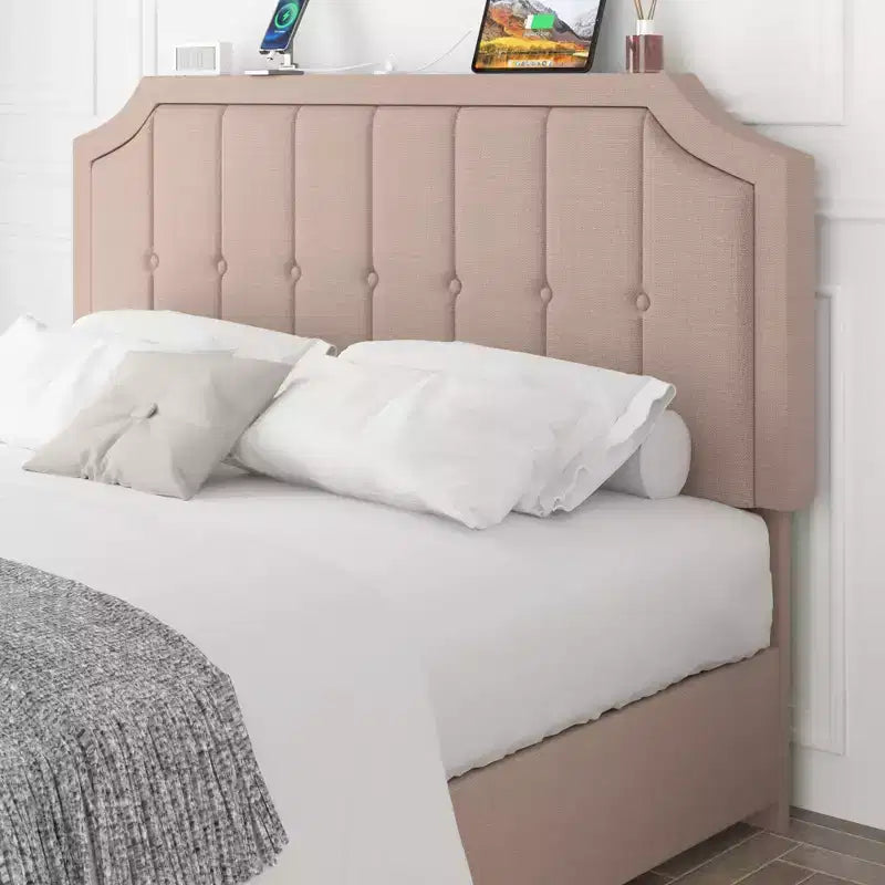Queen/Full Upholstered Platform Bed Frame with Storage Drawers, Adjustable Headboard and Charging Ports - Beige