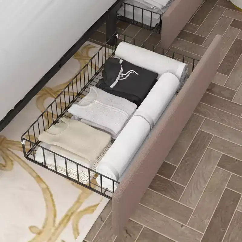 Queen/Full Upholstered Platform Bed Frame with Storage Drawers, Adjustable Headboard and Charging Ports - Beige