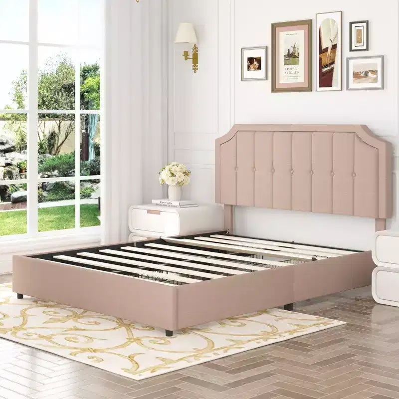 Queen/Full Upholstered Platform Bed Frame with Storage Drawers, Adjustable Headboard and Charging Ports - Beige