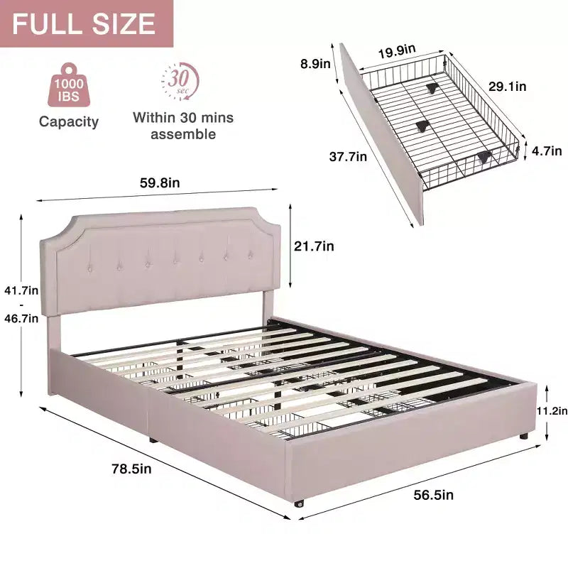 Queen/Full Upholstered Platform Bed Frame with Storage Drawers, Adjustable Headboard and Charging Ports - Beige