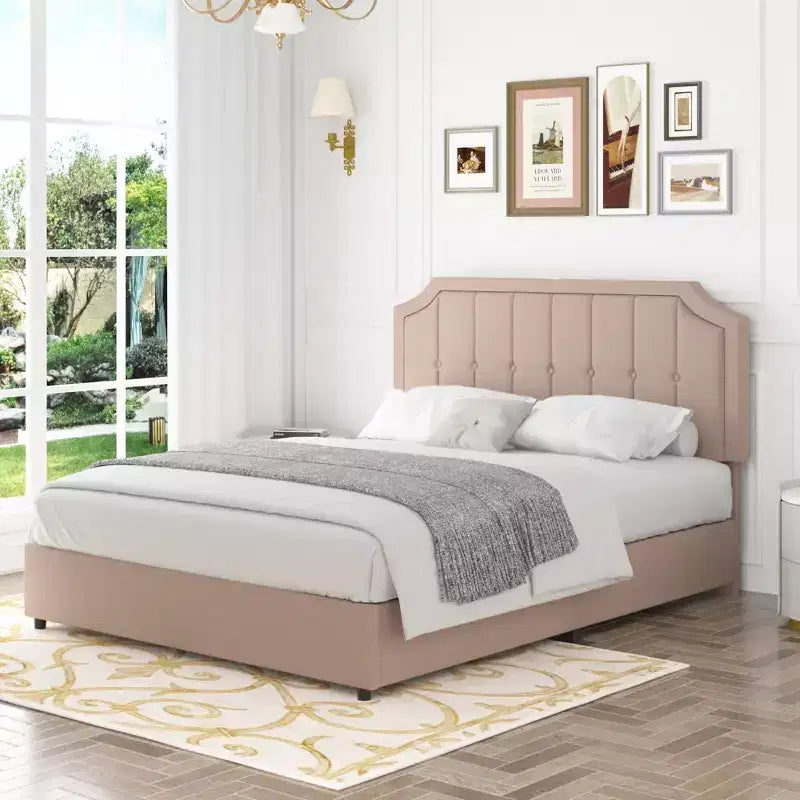 Queen/Full Upholstered Platform Bed Frame with Storage Drawers, Adjustable Headboard and Charging Ports - Beige