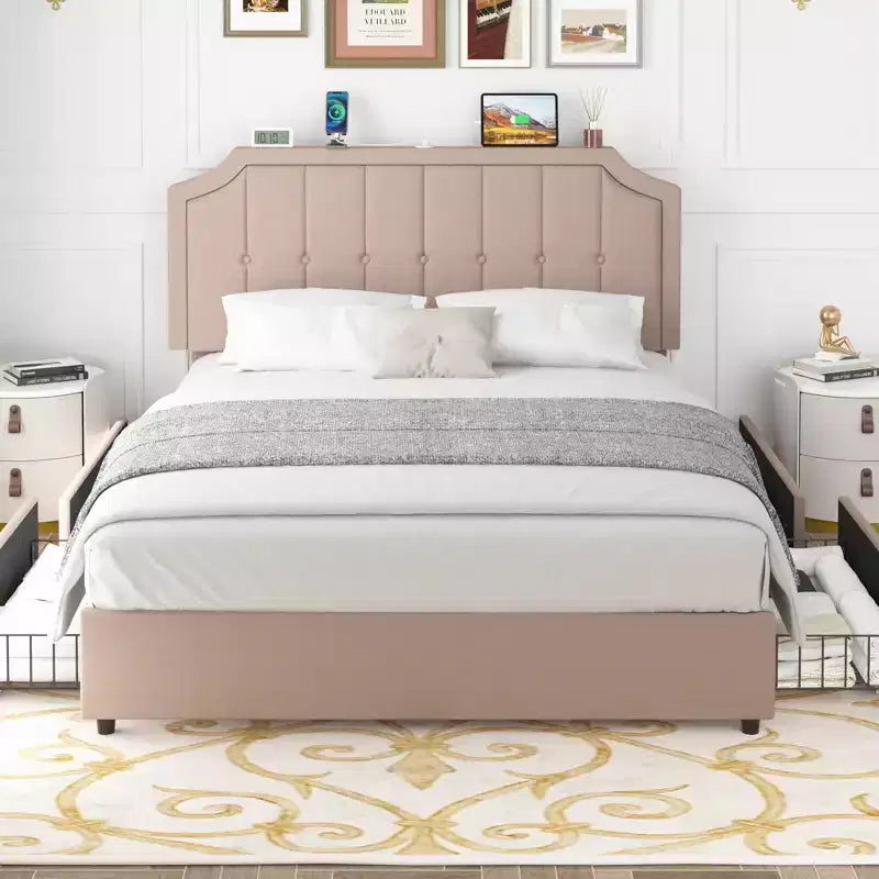 Queen/Full Upholstered Platform Bed Frame with Storage Drawers, Adjustable Headboard and Charging Ports - Beige