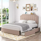 Queen/Full Upholstered Platform Bed Frame with Storage Drawers, Adjustable Headboard and Charging Ports - Beige