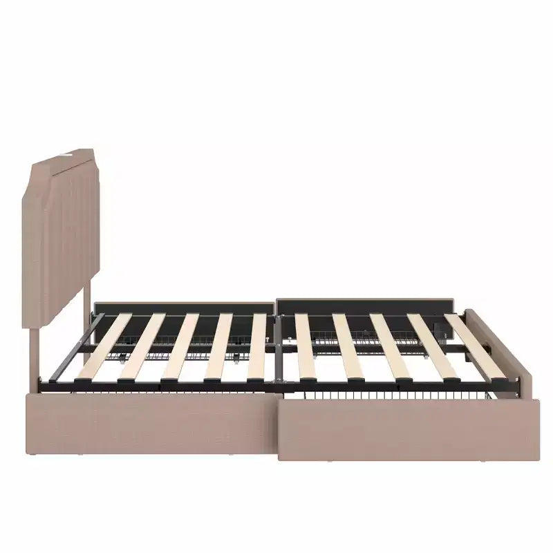 Queen/Full Upholstered Platform Bed Frame with Storage Drawers, Adjustable Headboard and Charging Ports - Beige