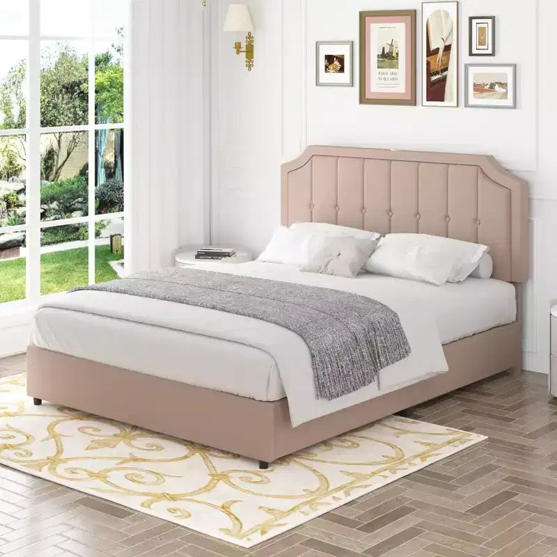 Queen/Full Upholstered Platform Bed Frame with Storage Drawers, Adjustable Headboard and Charging Ports - Beige