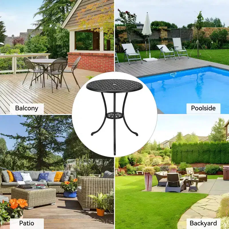 Table de bistrot de patio Whizmax, table basse d'extérieur ronde de 23,6 po avec trou pour parasol, table d'appoint de bistrot d'extérieur en fonte d'aluminium pour balcon et jardin