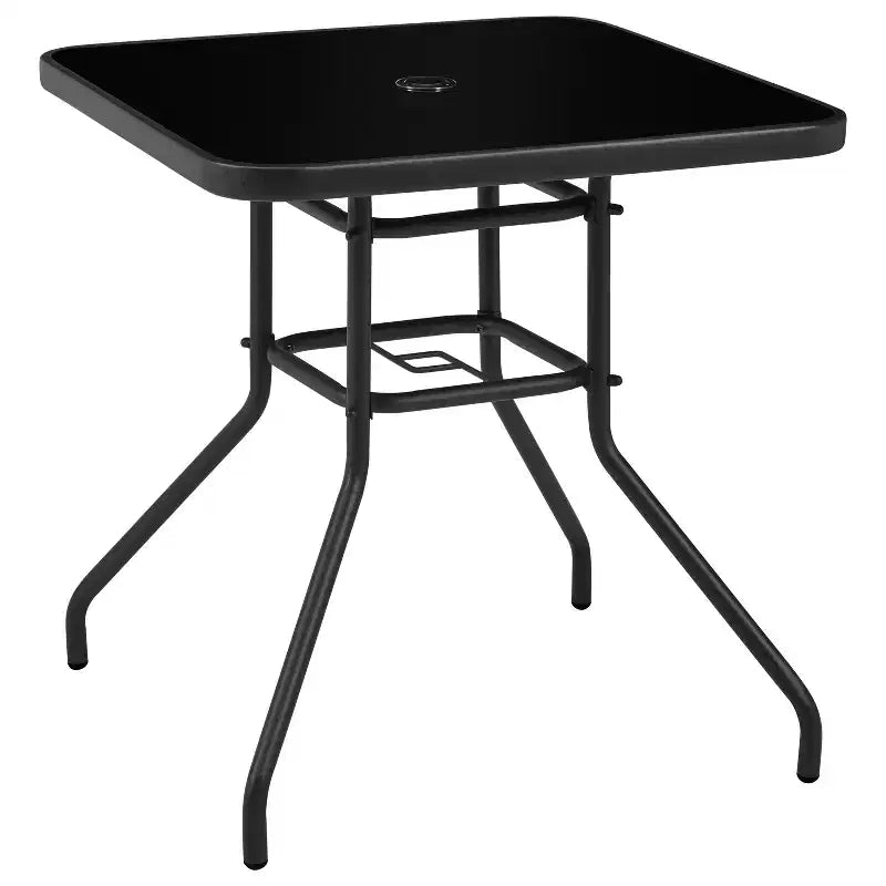 Yaheetech Patio Bistro Table with Silk Printing Glass Top and Umbrella Hole for Balcony, Backyard, Lawn and Garden, Black