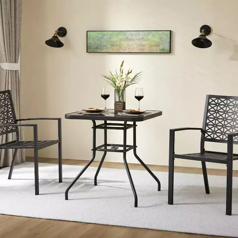 Table de bistrot de patio Yaheetech avec plateau en verre sérigraphié et trou pour parasol pour balcon, cour, pelouse et jardin, noir