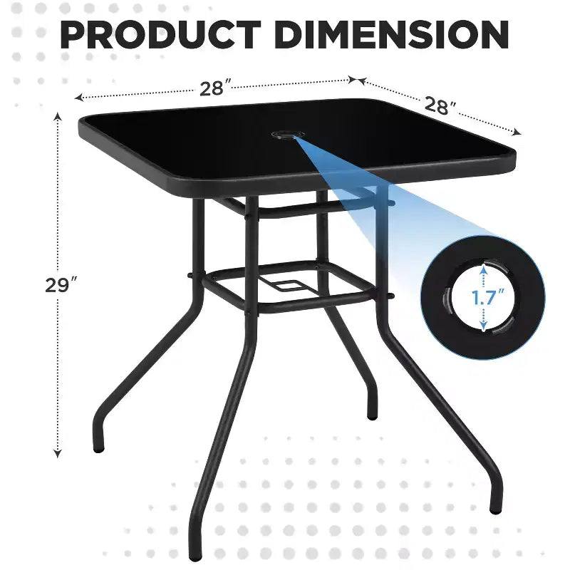 Table de bistrot de patio Yaheetech avec plateau en verre sérigraphié et trou pour parasol pour balcon, cour, pelouse et jardin, noir