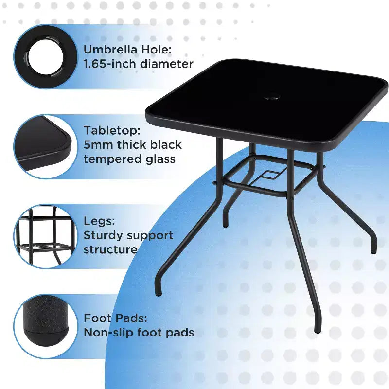 Table de bistrot de patio Yaheetech avec plateau en verre sérigraphié et trou pour parasol pour balcon, cour, pelouse et jardin, noir
