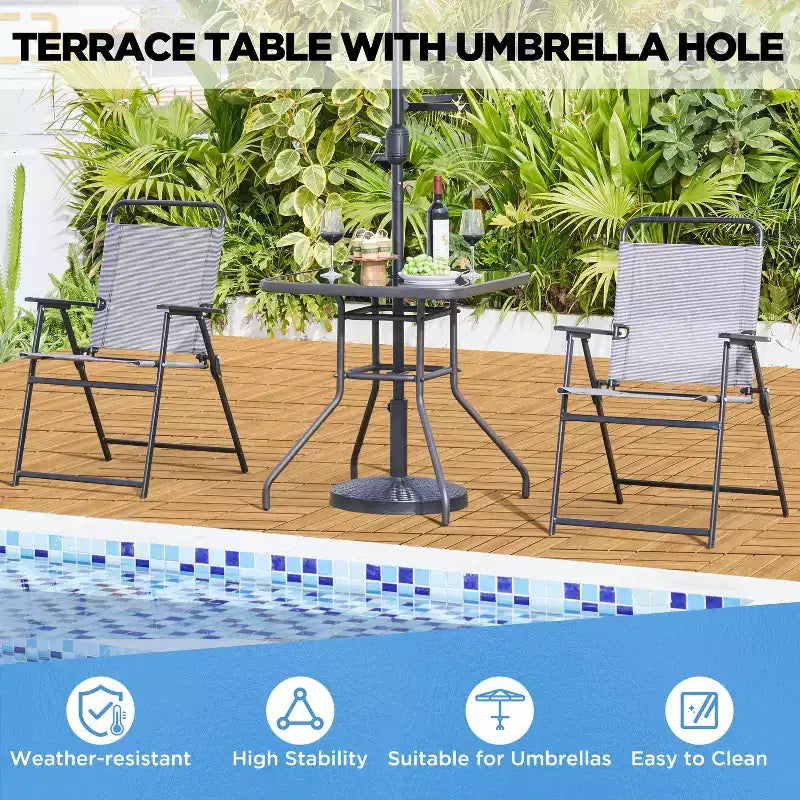 Table de bistrot de patio Yaheetech avec plateau en verre sérigraphié et trou pour parasol pour balcon, cour, pelouse et jardin, noir