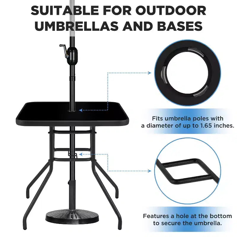 Table de bistrot de patio Yaheetech avec plateau en verre sérigraphié et trou pour parasol pour balcon, cour, pelouse et jardin, noir