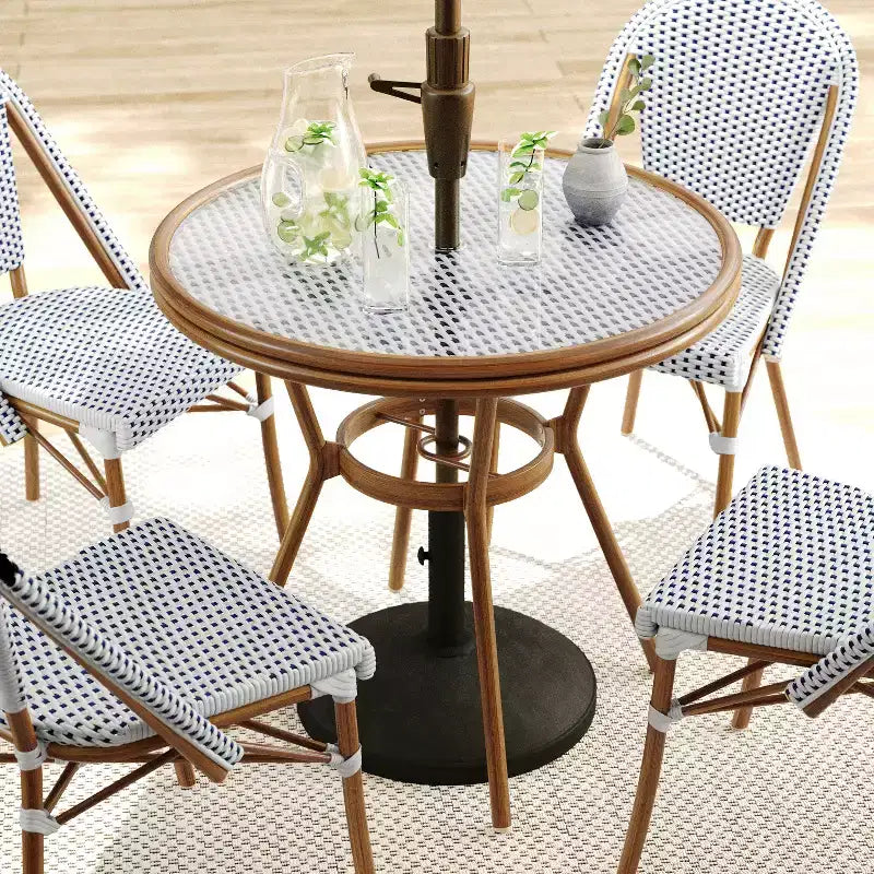 Table de bistrot ronde d'intérieur/extérieur Martha Stewart Lily Pond 31 avec cadre en aluminium effet bois et plateau en rotin tressé