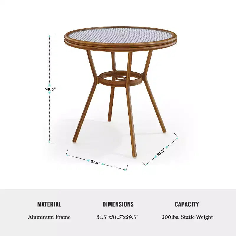 Table de bistrot ronde d'intérieur/extérieur Martha Stewart Lily Pond 31 avec cadre en aluminium effet bois et plateau en rotin tressé