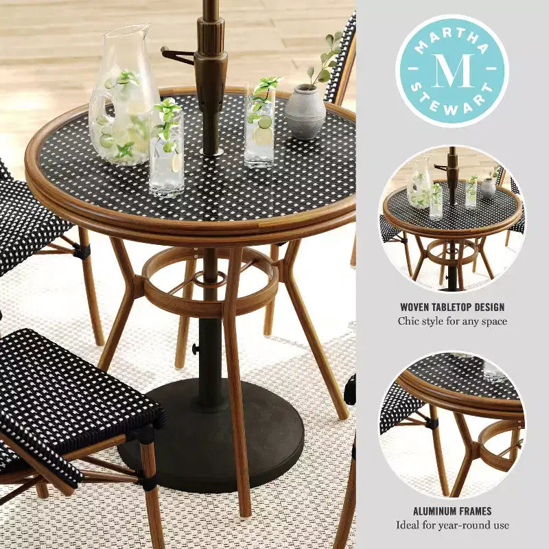 Table de bistrot ronde d'intérieur/extérieur Martha Stewart Lily Pond 31 avec cadre en aluminium effet bois et plateau en rotin tressé