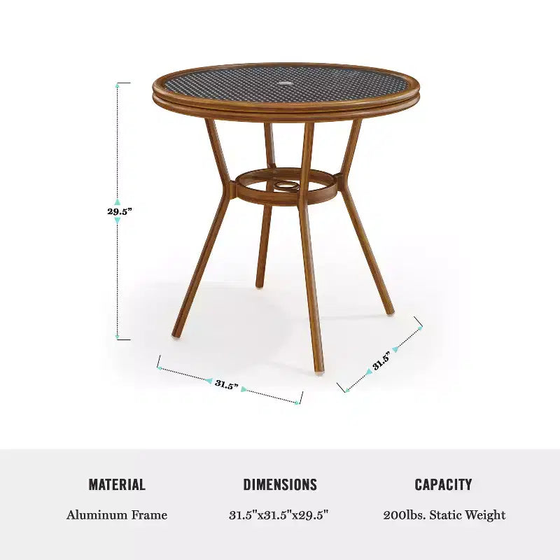 Table de bistrot ronde d'intérieur/extérieur Martha Stewart Lily Pond 31 avec cadre en aluminium effet bois et plateau en rotin tressé