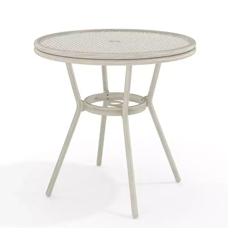 Martha Stewart Lily Pond 31 Round Indoor-Outdoor Bistro Dining Table with Woodgrain Aluminum Finish Frame and Woven Rattan Tabletop