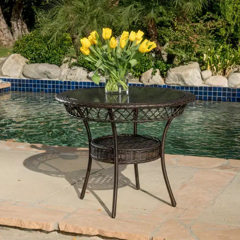 GDFStudio Syros Outdoor Wicker and Tempered Glass Round Dining Table