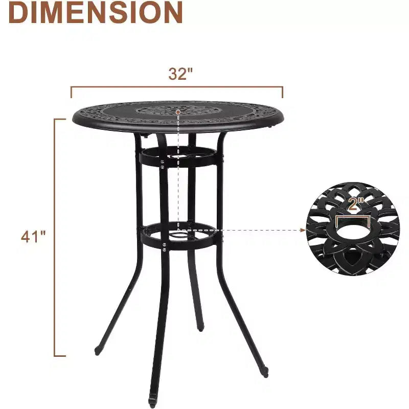 VINGLI Table de bar extérieure 32", Table de terrasse hauteur bar avec trou de parasol, Table ronde haute en aluminium moulé, Table haute d'extérieur, Table de bistrot