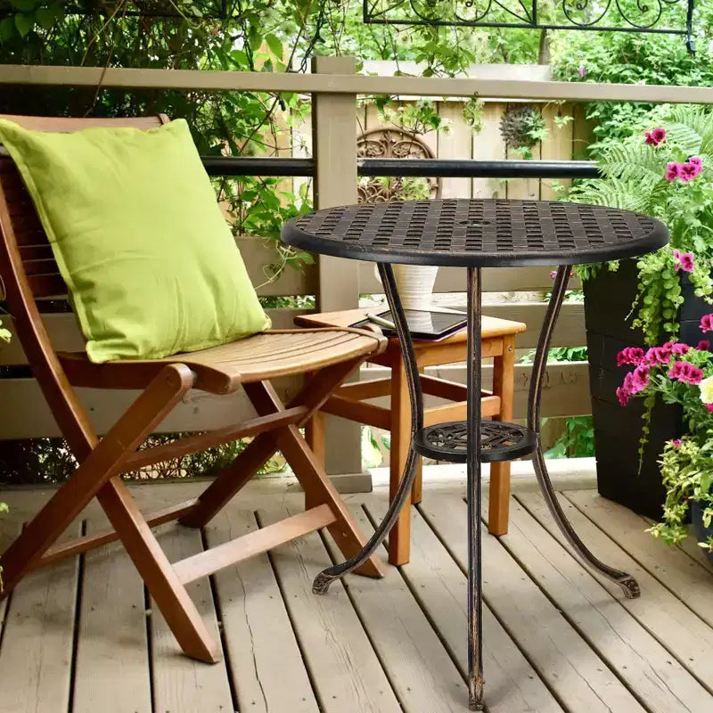 Table de bistro de patio en fonte d'aluminium, table basse d'extérieur ronde de 24 pouces, résistante à la rouille, avec trou pour parasol et finition givrée pour balcon, jardin, arrière-cour