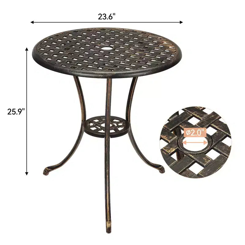 Table de bistro de patio en fonte d'aluminium, table basse d'extérieur ronde de 24 pouces, résistante à la rouille, avec trou pour parasol et finition givrée pour balcon, jardin, arrière-cour