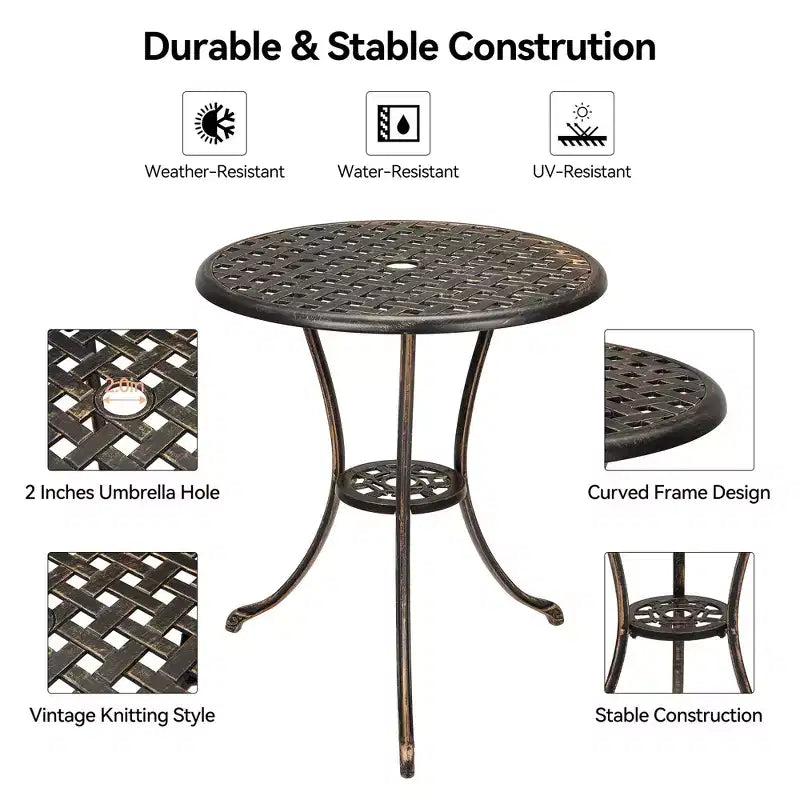 Table de bistro de patio en fonte d'aluminium, table basse d'extérieur ronde de 24 pouces, résistante à la rouille, avec trou pour parasol et finition givrée pour balcon, jardin, arrière-cour