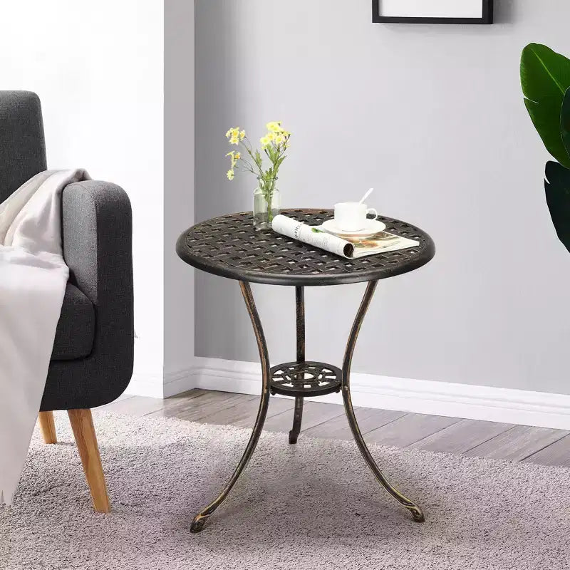 Table de bistro de patio en fonte d'aluminium, table basse d'extérieur ronde de 24 pouces, résistante à la rouille, avec trou pour parasol et finition givrée pour balcon, jardin, arrière-cour