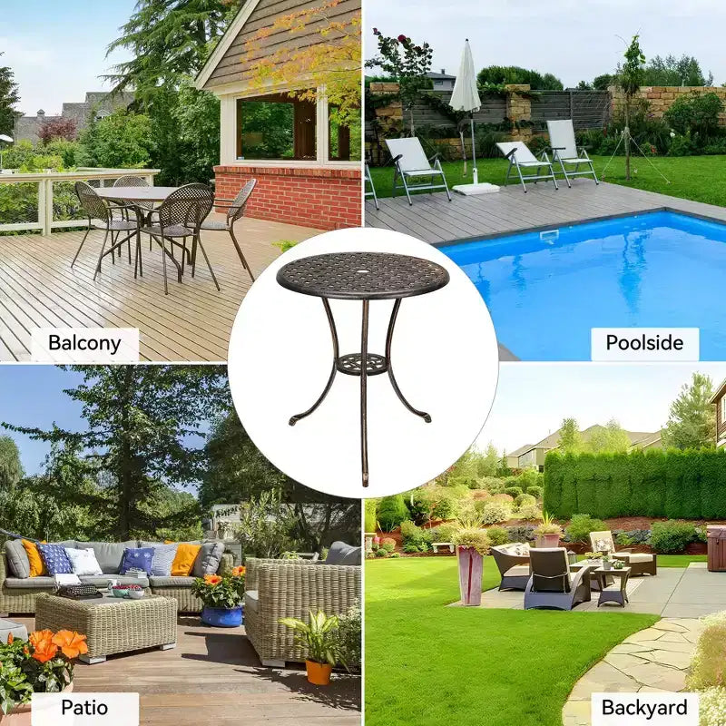 Table de bistro de patio en fonte d'aluminium, table basse d'extérieur ronde de 24 pouces, résistante à la rouille, avec trou pour parasol et finition givrée pour balcon, jardin, arrière-cour