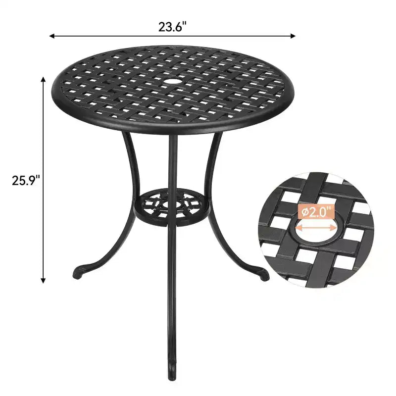 Table de bistro de patio en fonte d'aluminium, table basse d'extérieur ronde de 24 pouces, résistante à la rouille, avec trou pour parasol et finition givrée pour balcon, jardin, arrière-cour