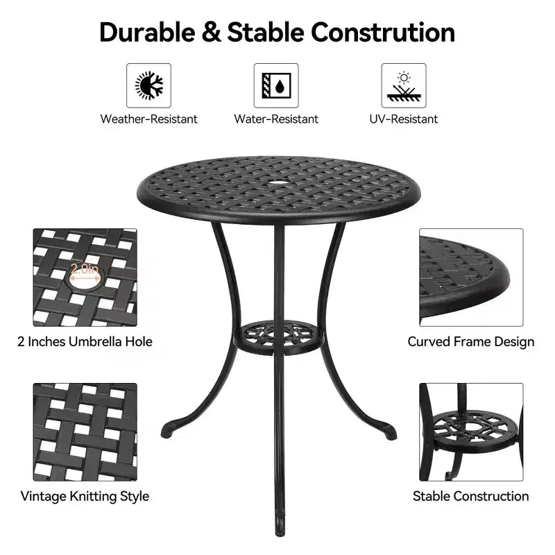 Table de bistro de patio en fonte d'aluminium, table basse d'extérieur ronde de 24 pouces, résistante à la rouille, avec trou pour parasol et finition givrée pour balcon, jardin, arrière-cour