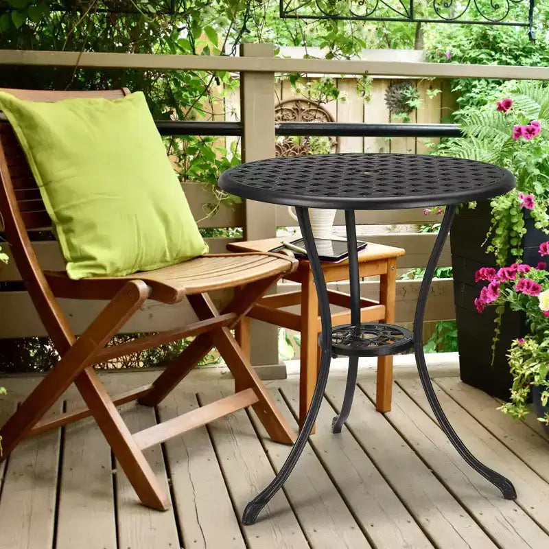 Table de bistro de patio en fonte d'aluminium, table basse d'extérieur ronde de 24 pouces, résistante à la rouille, avec trou pour parasol et finition givrée pour balcon, jardin, arrière-cour