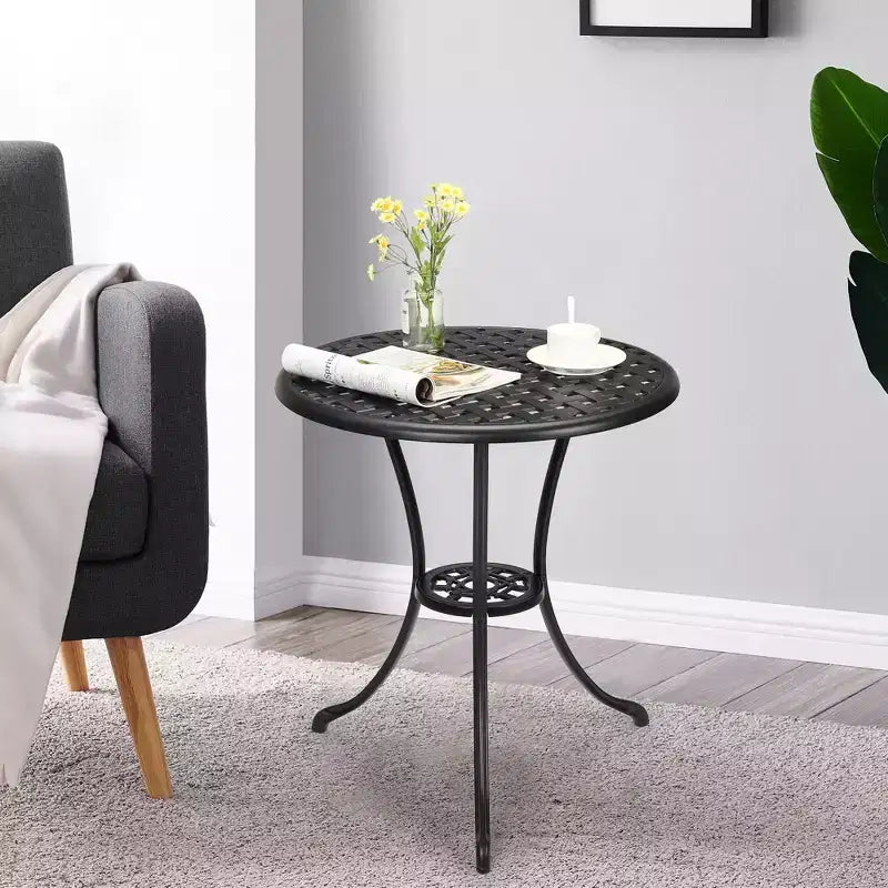 Table de bistro de patio en fonte d'aluminium, table basse d'extérieur ronde de 24 pouces, résistante à la rouille, avec trou pour parasol et finition givrée pour balcon, jardin, arrière-cour