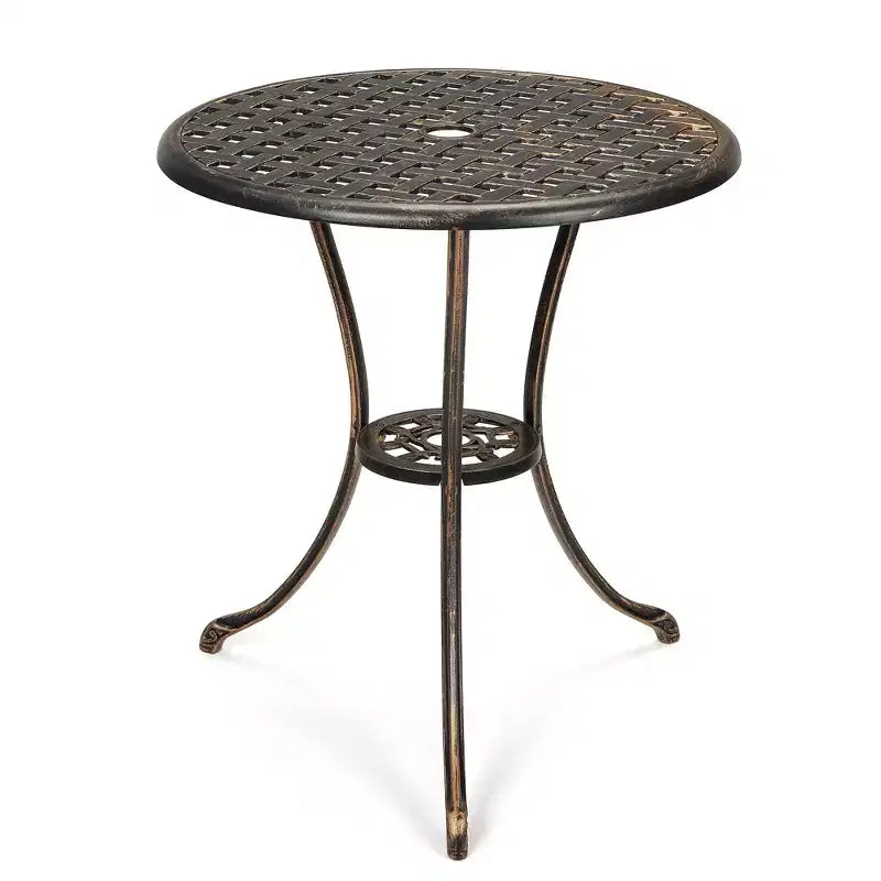 Table de bistro de patio en fonte d'aluminium, table basse d'extérieur ronde de 24 pouces, résistante à la rouille, avec trou pour parasol et finition givrée pour balcon, jardin, arrière-cour