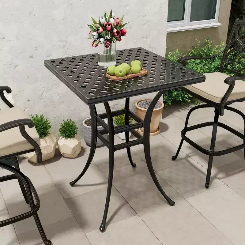 Mondawe Table de bistrot carrée de 29 pouces en aluminium moulé pour patio extérieur avec trou de parasol, noire
