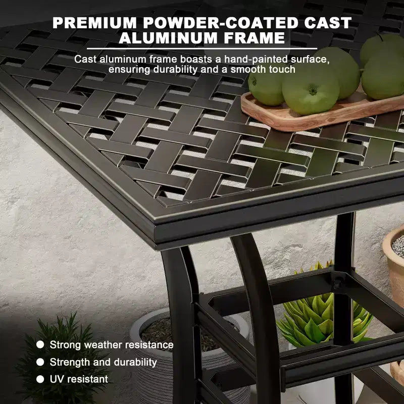 Mondawe Table de bistrot carrée de 29 pouces en aluminium moulé pour patio extérieur avec trou de parasol, noire