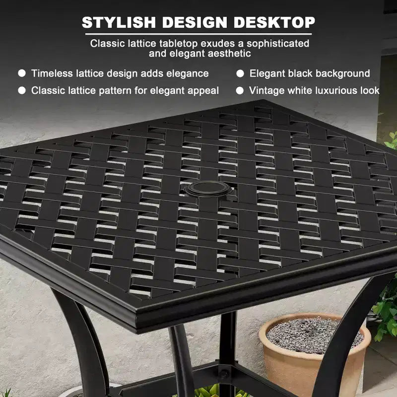 Mondawe Table de bistrot carrée de 29 pouces en aluminium moulé pour patio extérieur avec trou de parasol, noire