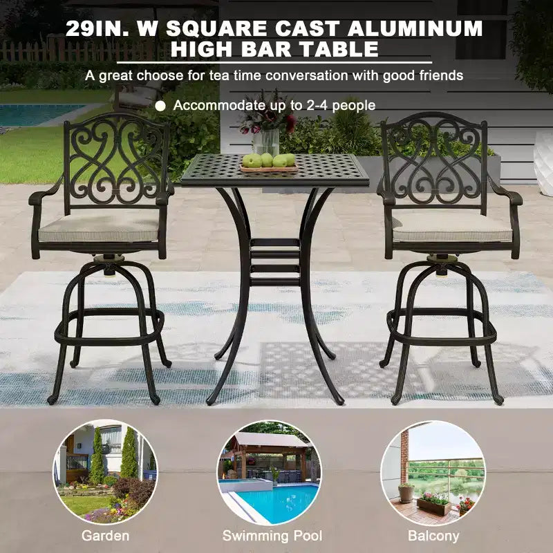 Mondawe Table de bistrot carrée de 29 pouces en aluminium moulé pour patio extérieur avec trou de parasol, noire
