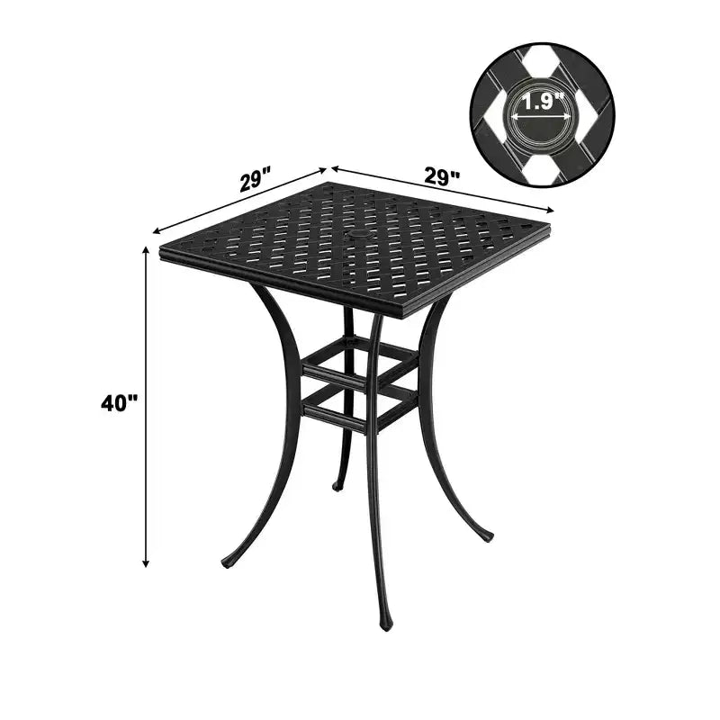 Mondawe Table de bistrot carrée de 29 pouces en aluminium moulé pour patio extérieur avec trou de parasol, noire