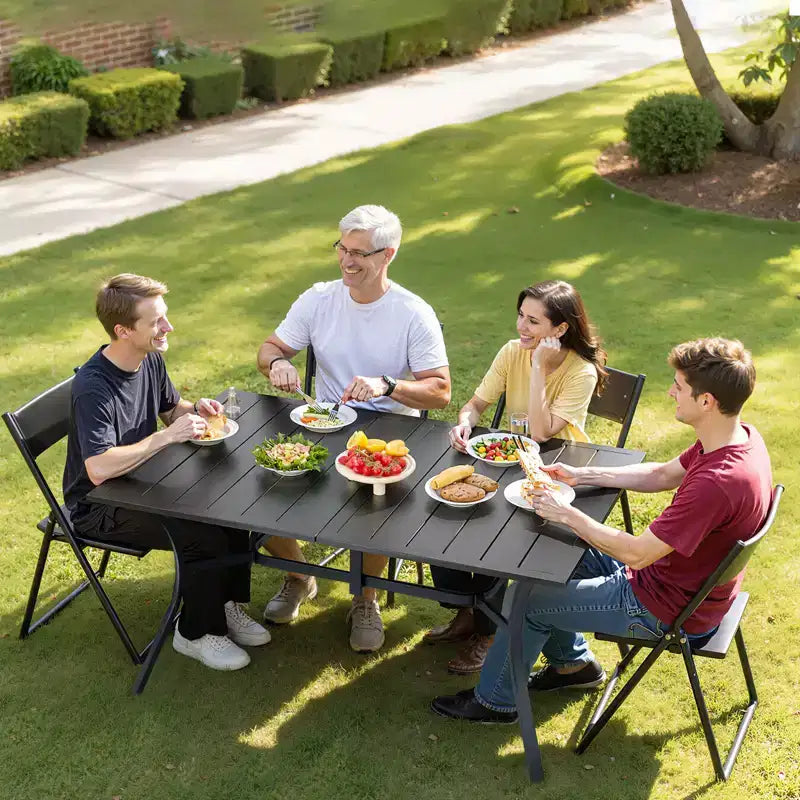 Table de salle à manger d'extérieur VEVOR, table de bistrot rectangulaire en métal à lattes de 150 cm de long pour 4 à 6 personnes, avec trou pour parasol de 3,8 cm, noire