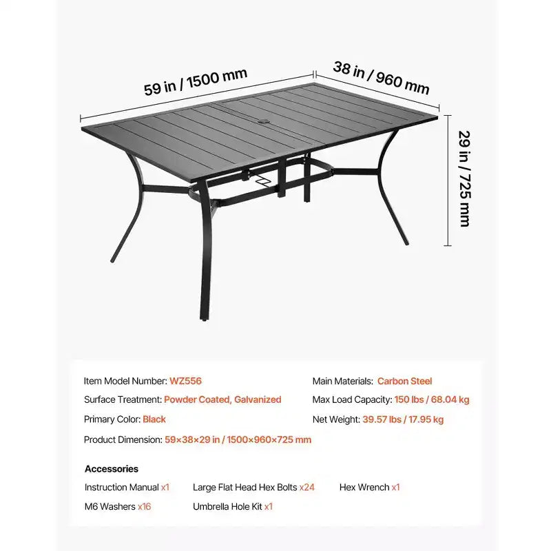 Table de salle à manger d'extérieur VEVOR, table de bistrot rectangulaire en métal à lattes de 150 cm de long pour 4 à 6 personnes, avec trou pour parasol de 3,8 cm, noire