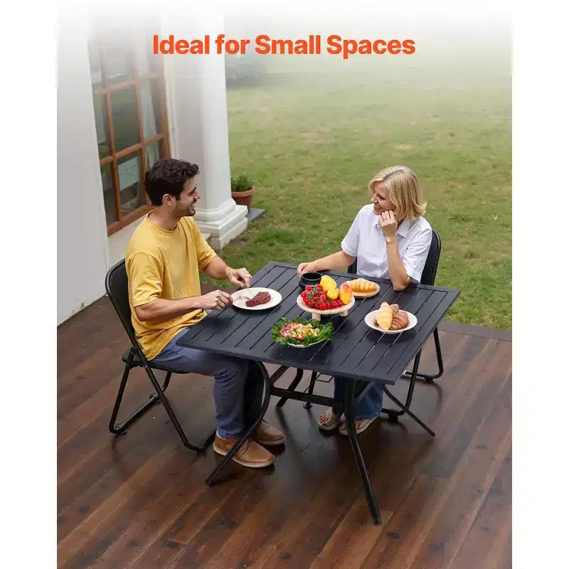 Table de salle à manger d'extérieur VEVOR, table de bistrot carrée de 37 pouces en métal et acier à lattes pour jardin, avec trou pour parasol de 1,5 pouce, noir