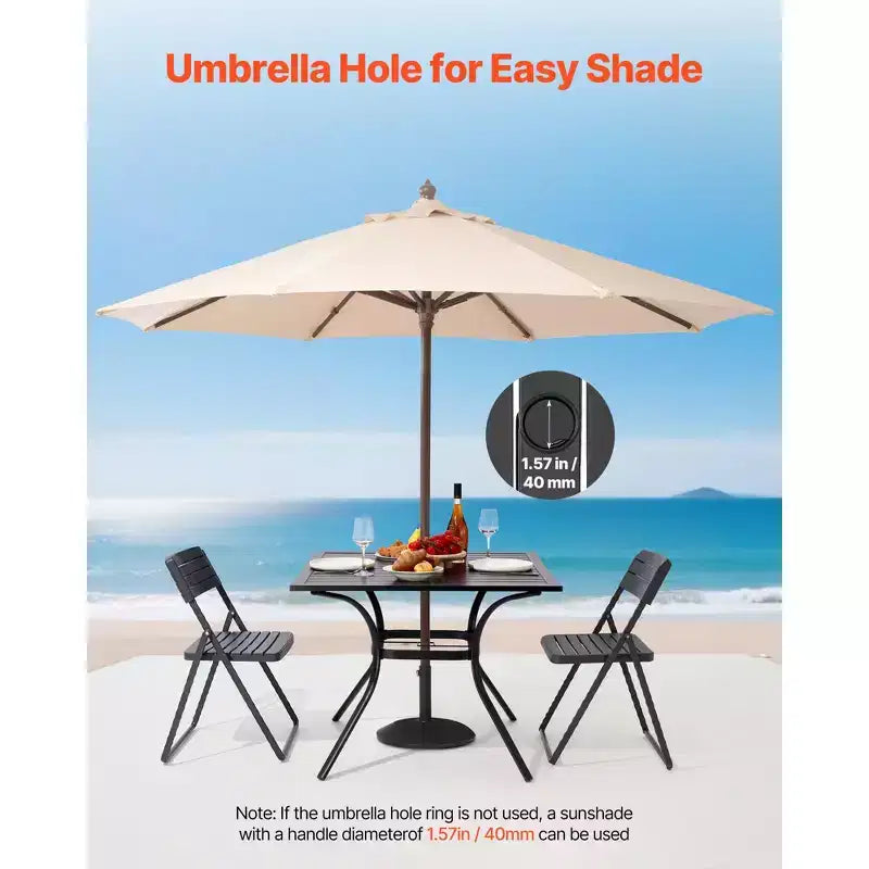 Table de salle à manger d'extérieur VEVOR, table de bistrot carrée de 37 pouces en métal et acier à lattes pour jardin, avec trou pour parasol de 1,5 pouce, noir